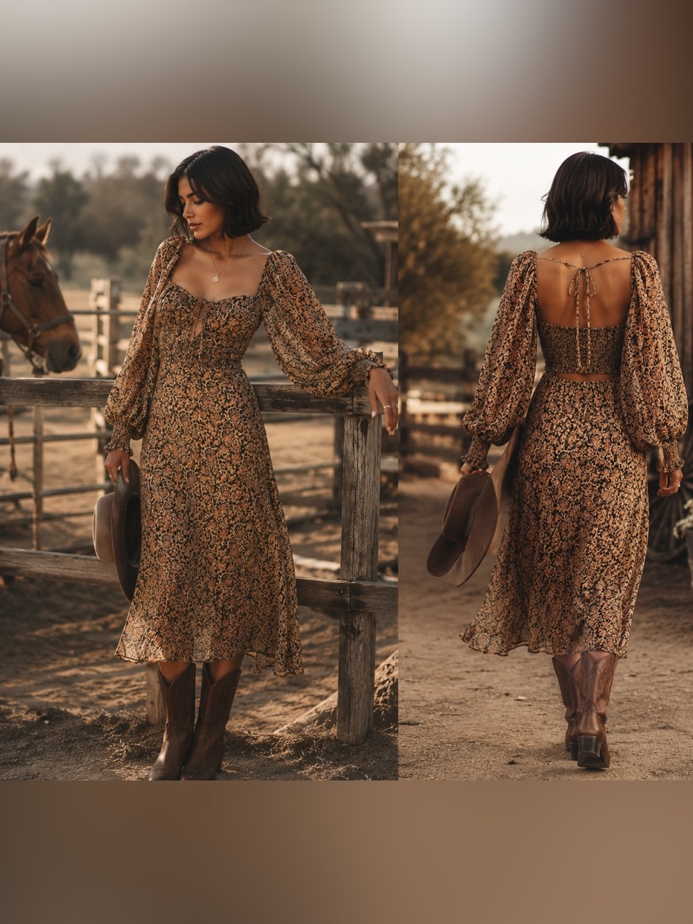Free People Floral Midi Dress Open Back Balloon Sleeve Western Boho Prairie L - Picture 2 of 11